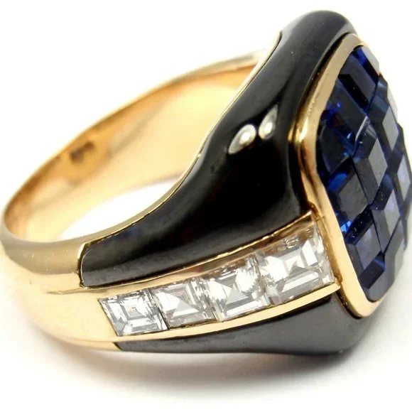 Piaget 18k Yellow Gold Diamond Invisible Set Sapphire Enamel Ring - Picture 2 of 9